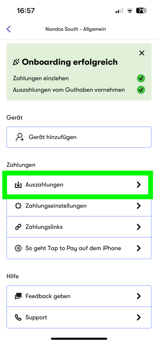 Einstellungen allgemein (Gerät hinzufügen, Auszahlungseinstellungen)