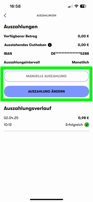 Manuelle Auszahlung + Auszahlungsintervall ändern